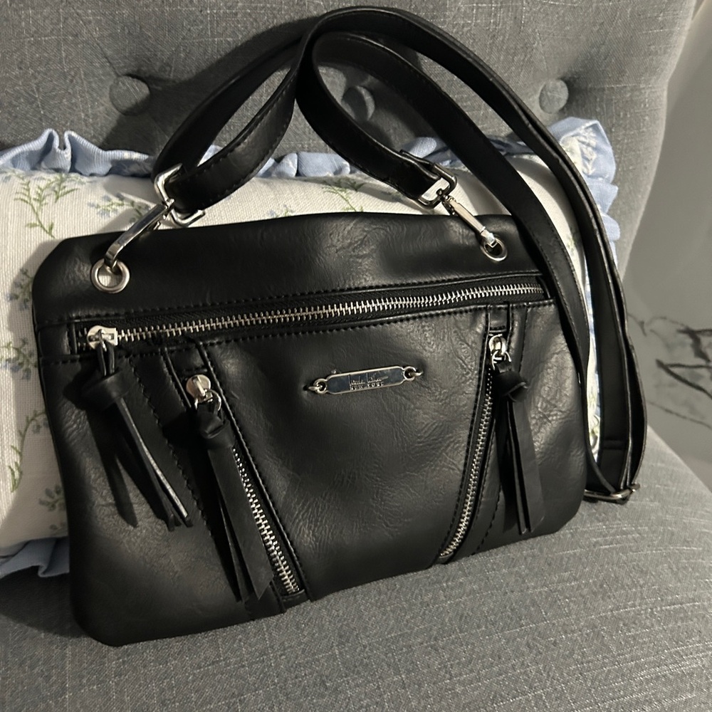 Nicole Miller Black Vegan Leather Crossbody | Moto Zipper Edgy Chic Bag